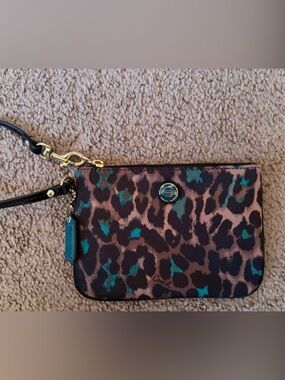 Coach Teal and Brown Leopard Print Wristlet